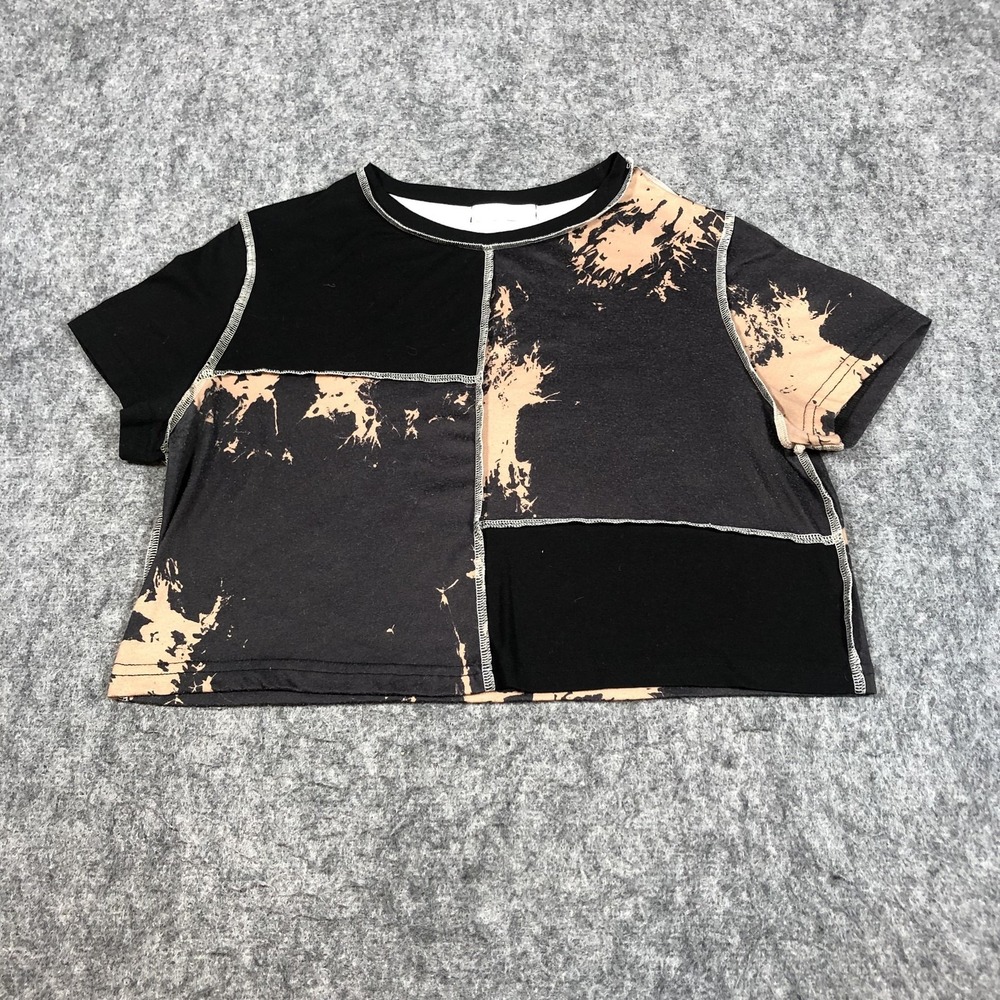 Romwe Crop Top Womens M Black Bleach Tie Dye Grunge Tee